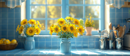 A blue and white kitchen interior features an island. Cozy bright kitchen features utensils and appliances. A kitchen workspace. 3D animation. 3D illustration.の写真素材