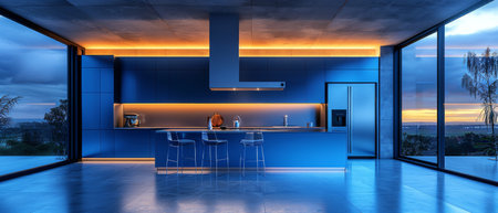 An open kitchen with a splashback made from blue tiles and metallic blue barstools. The kitchen has a large fridge hood and a large island.の写真素材