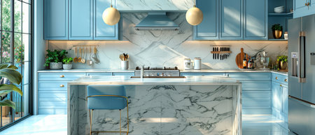 Three-dimensional rendering of a spacious, bright kitchen featuring a blue apron, blue chairs, and a marble countertop with appliances.の写真素材