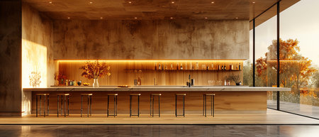 This is a minimalist kitchen with a marble top and wooden bottom. Kitchen with large island and bar stools.の写真素材