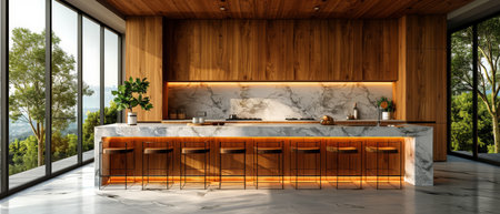 An ultra minimalist kitchen with a large island and stools. Marble top and wooden base. 3D...