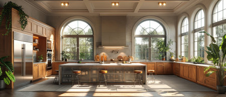 An L-shaped kitchen with a large island and kitchen appliances, centered on a metal refrigerator. 3D rendering. Illustration.の写真素材