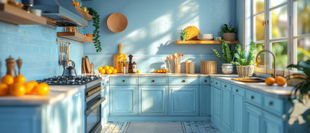 3D rendering of a blue kitchen interior with an island. White countertops. Cozy bright kitchen with utensils and appliances. Working space in the kitchen. 3D render. 3D illustration.の写真素材