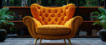 In this 3D rendering, you can see a bright yellow armchair in the interior, with shelves decorated with art.の写真素材