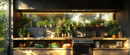 A modern kitchen with a light worktop with sink, stove, oven and utensils. There are green boxes under the counter. 3D rendering.の写真素材