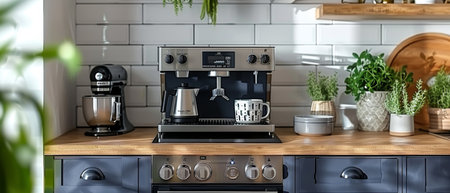 3D rendering of a modern kitchen. Decorative white top, blue bottom, tiled apron. Coffee maker, dishes, and corner work area.の写真素材