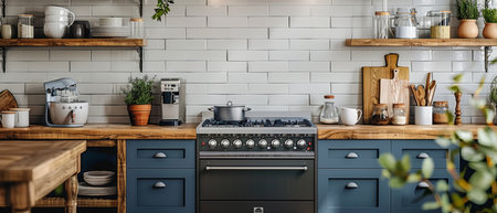 Modern kitchen with white top, blue bottom. Apron made of tiles over white brick. Corner work area, coffee maker, dishes. 3D rendering.の写真素材