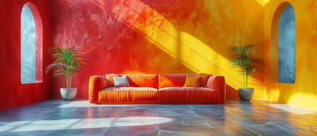 Detailed interior visualization with rich colors. Arched interior with furniture.の写真素材