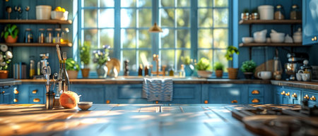 3D rendering of a bright white kitchen with a blue apron and blue chairs. Focus on the marble countertop against an utensil and appliance background.の写真素材