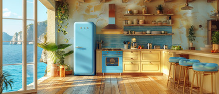 Bright kitchen with a blue splashback and metallic blue bar stools. 3D rendering. Kitchen with large refrigerator hood.の写真素材