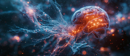 Symbols of artificial intelligence (AI), machine learning, data mining and other modern computer technologies. A human brain depicting artificial intelligence and a businessman holding a tablet with aの写真素材