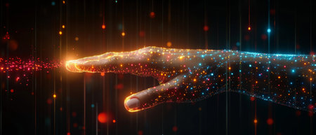 Robot and human hand with flash light and virtual screen projection on black background - artificial intelligence, future technology, business conceptの写真素材