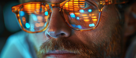 A reflection on eyeglasses shows an engineer examining AI technologyの写真素材