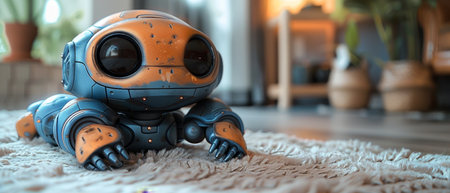 A happy kid playing with a toy robot at home. A concept of innovation and success.の写真素材