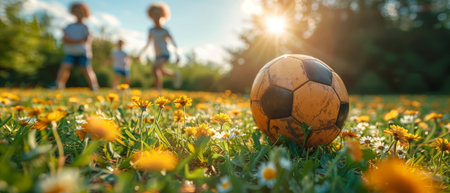 In the park, cute children are playing footballの写真素材