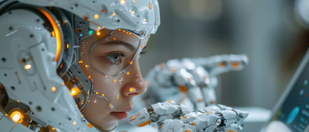 Technical Industrial Engineer working with robotics and monitoring system software and icon industry network connection on tablet. Artificial Intelligence, Automation robot arm.の写真素材