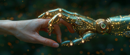 A robotic hand touches a human hand on a big data network background, science, innovation, and futuristic technology.の写真素材