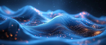 Dark blue abstract cyberspace background with abstract wave shape on a low-polygonal triangular...
