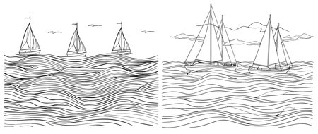 Yachts on sea waves. Continuous line drawing illustrationのイラスト素材
