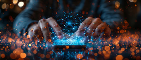 Using a mobile smart phone connected to a global network. Technology, innovation, and communication concepts.の写真素材