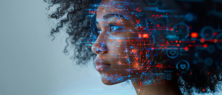 An image of a woman with virtual reality projections of digital icons around her faceの写真素材