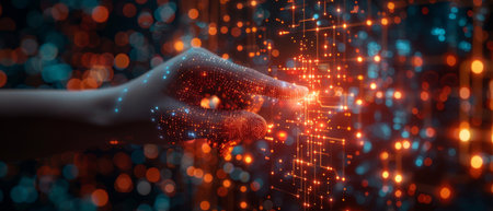 The hand of a woman is pointing at abstract glowing cubes on blurry circuit background. Innovation and creativity concept. Double exposure.の写真素材