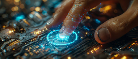 The power mans finger is generating blue energy to charge passive circuit boardsの写真素材