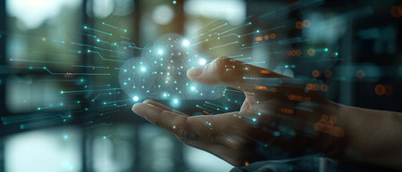 The idea of a new computer interface based on cloud computing is presented by a businessman in his hand as he works on a diagramの写真素材