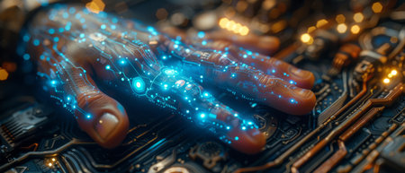 Passive circuit board is being charged by blue energy from power mans fingerの写真素材