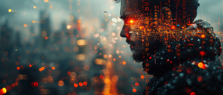 Technology, development, IoT concept, man programming on digital tablet with binary and html code on screen. Double exposure.の写真素材