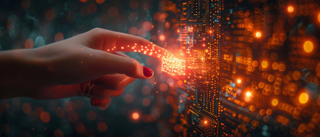 Symbol of innovation and creativity, female hand pointing to abstract glowing cubes on blurry circuit background.の写真素材