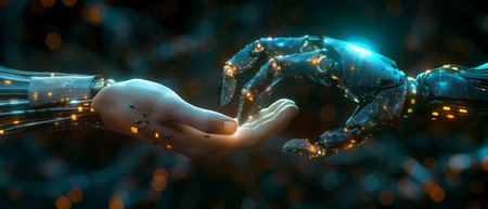 Future, Science and innovation, Artificial Intelligence technology concept illustrating robot and human hands touching DNA.の写真素材