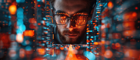 Business and technology, IoT concept, man programmer, software developer working on digital tablet, smart cities with binary codes and htmls on screen.の写真素材