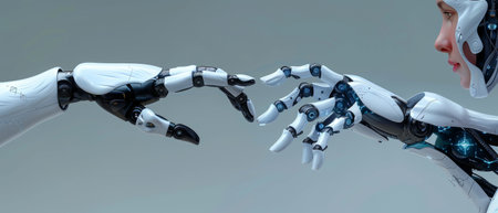 A robot and a human interacting in a virtual interface using artificial intelligence technology. Science and innovation, future, science and innovation.の写真素材