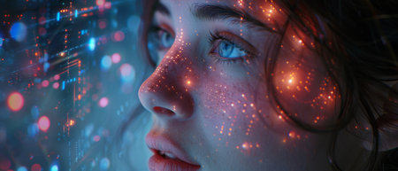 Internet technology, big data, digital marketing, IoT internet of things. Modern computer, metaverse, futuristic technology background woman surfing internet.の写真素材