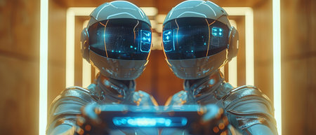 A robot in silver, futuristic clothes holding a virtual tablet, with virtual icons. A concept for future technology.の写真素材