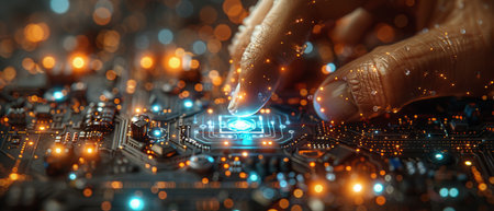 Blue energy is being absorbed by the power mans finger and charged into a passive circuit boardの写真素材