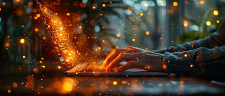 A double exposure of a businessman working on a blank screen laptop computer on a wooden desk with a...
