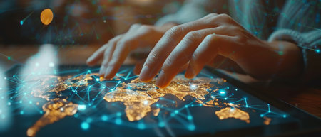 Using a modern tablet computer in a modern office with a virtual icon diagram in the hand of a businessmanの写真素材