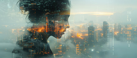 A concept of business and technology using binary and HTML code on a digital tablet and smart city.の写真素材