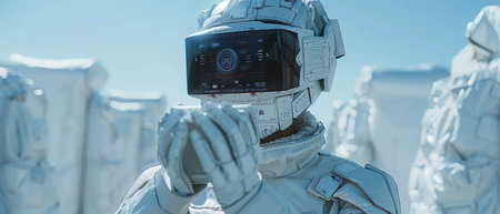 The model is dressed as a robot in futuristic silver clothing and holding a virtual tablet with virtual icons.の写真素材