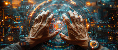 Top view of a businessman holding a computer and interacting with digital layer effect as a marketing strategyの写真素材