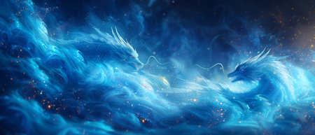 The background is dominated by abstract flying dragons on a dark blue background. This would be a...