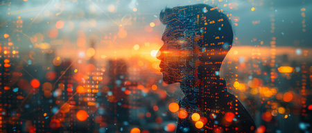 In this double exposure, a man programmer works on digital tablets and smart cities while displaying binary and html code on the screen.の写真素材