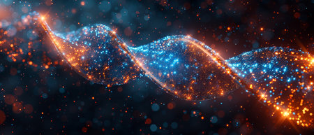 Futuristic information technology concept. Dark and blue abstract digital background. Big data digital code and DNA biology communication.の写真素材