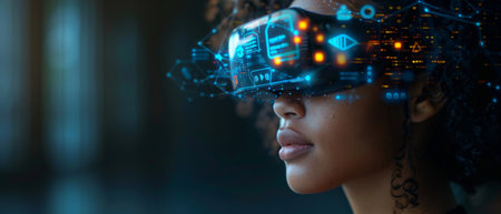 A virtual reality projection of digital icons surrounds the face of a woman