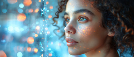 Businesswoman against high-tech background in an attractive pose