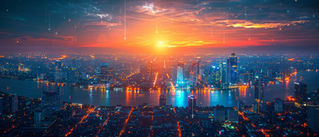 In Bangkok, Thailand, a night city banner with big data shows a connected Smart City dot point with gradient line. It represents the concept of connection technology metaverse.の写真素材