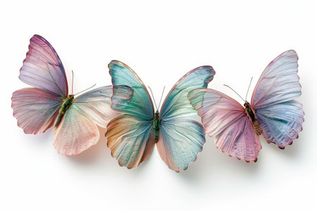 Isolated green, pink, and blue butterflies on white with soft shadowsの写真素材