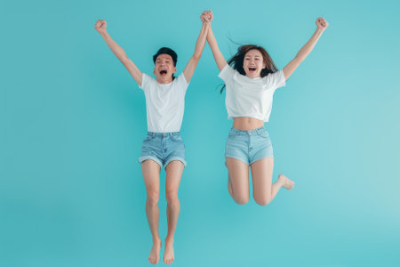 Playful energetic Asian couple in summer beach casual clothes jumping in front of a light blue studio backdropの写真素材